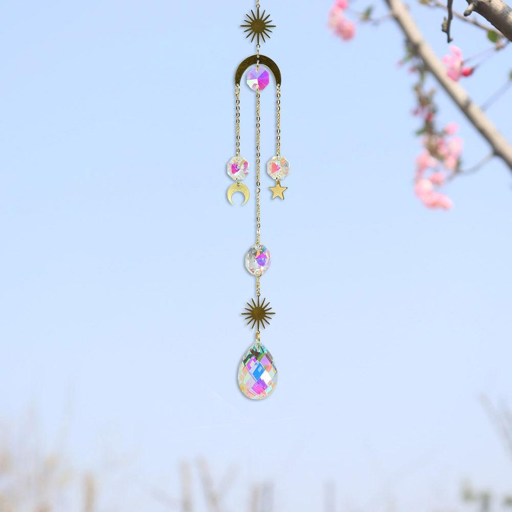 Carillon Éolien Métallique Cercle Lune Soleil Attrape-soleil Cristaux Ornement Énergie Chakra Prismes Boule de Cristal K9 Suspendus Chasseur d'Arc-en-ciel Rideaux de Fenêtre Pendentif Cadeaux Décoration Maison