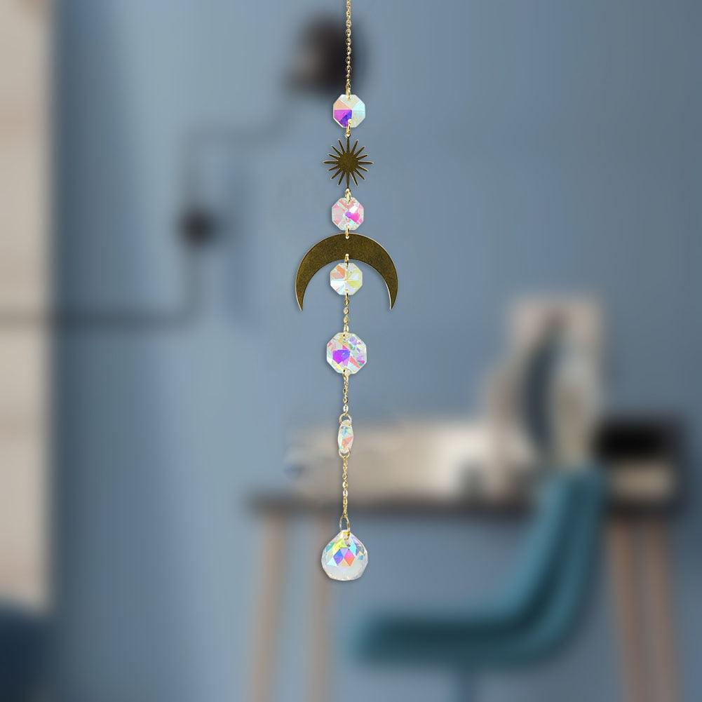 Carillon Éolien Métallique Cercle Lune Soleil Attrape-soleil Cristaux Ornement Énergie Chakra Prismes Boule de Cristal K9 Suspendus Chasseur d'Arc-en-ciel Rideaux de Fenêtre Pendentif Cadeaux Décoration Maison
