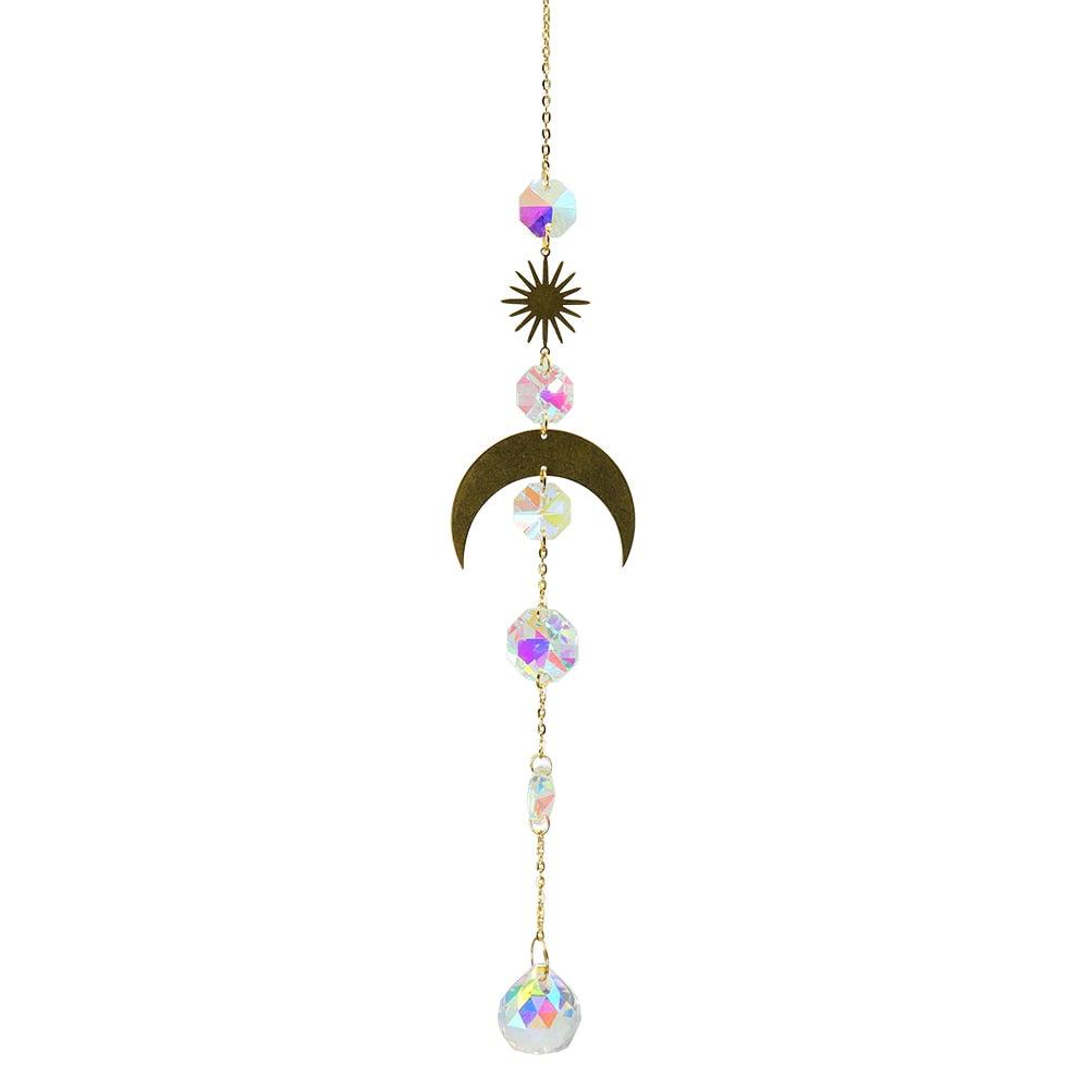 Carillon Éolien Métallique Cercle Lune Soleil Attrape-soleil Cristaux Ornement Énergie Chakra Prismes Boule de Cristal K9 Suspendus Chasseur d'Arc-en-ciel Rideaux de Fenêtre Pendentif Cadeaux Décoration Maison