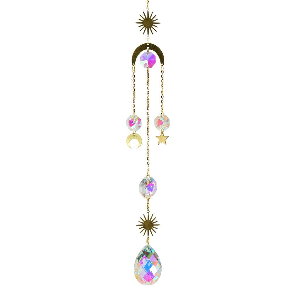 Carillon Éolien Métallique Cercle Lune Soleil Attrape-soleil Cristaux Ornement Énergie Chakra Prismes Boule de Cristal K9 Suspendus Chasseur d'Arc-en-ciel Rideaux de Fenêtre Pendentif Cadeaux Décoration Maison