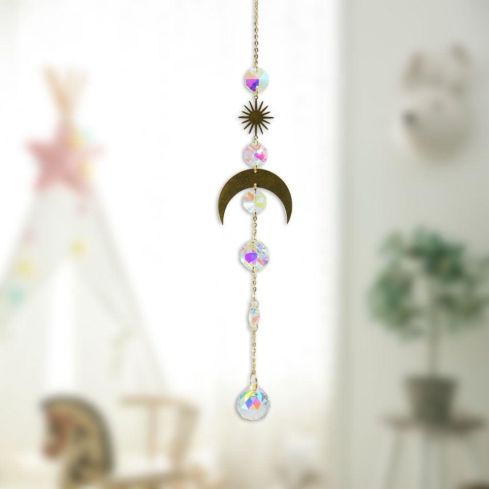Carillon Éolien Métallique Cercle Lune Soleil Attrape-soleil Cristaux Ornement Énergie Chakra Prismes Boule de Cristal K9 Suspendus Chasseur d'Arc-en-ciel Rideaux de Fenêtre Pendentif Cadeaux Décoration Maison