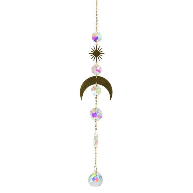 Carillon Éolien Métallique Cercle Lune Soleil Attrape-soleil Cristaux Ornement Énergie Chakra Prismes Boule de Cristal K9 Suspendus Chasseur d'Arc-en-ciel Rideaux de Fenêtre Pendentif Cadeaux Décoration Maison