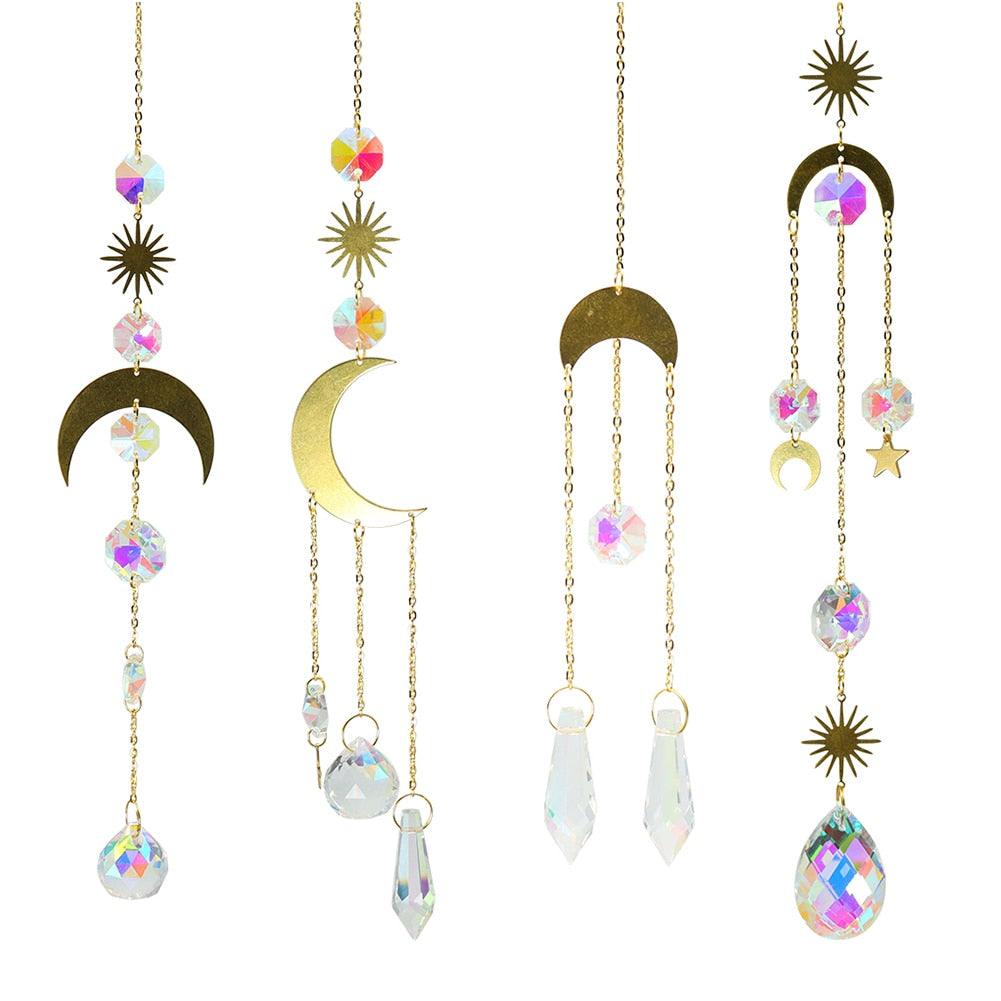 Carillon Éolien Métallique Cercle Lune Soleil Attrape-soleil Cristaux Ornement Énergie Chakra Prismes Boule de Cristal K9 Suspendus Chasseur d'Arc-en-ciel Rideaux de Fenêtre Pendentif Cadeaux Décoration Maison