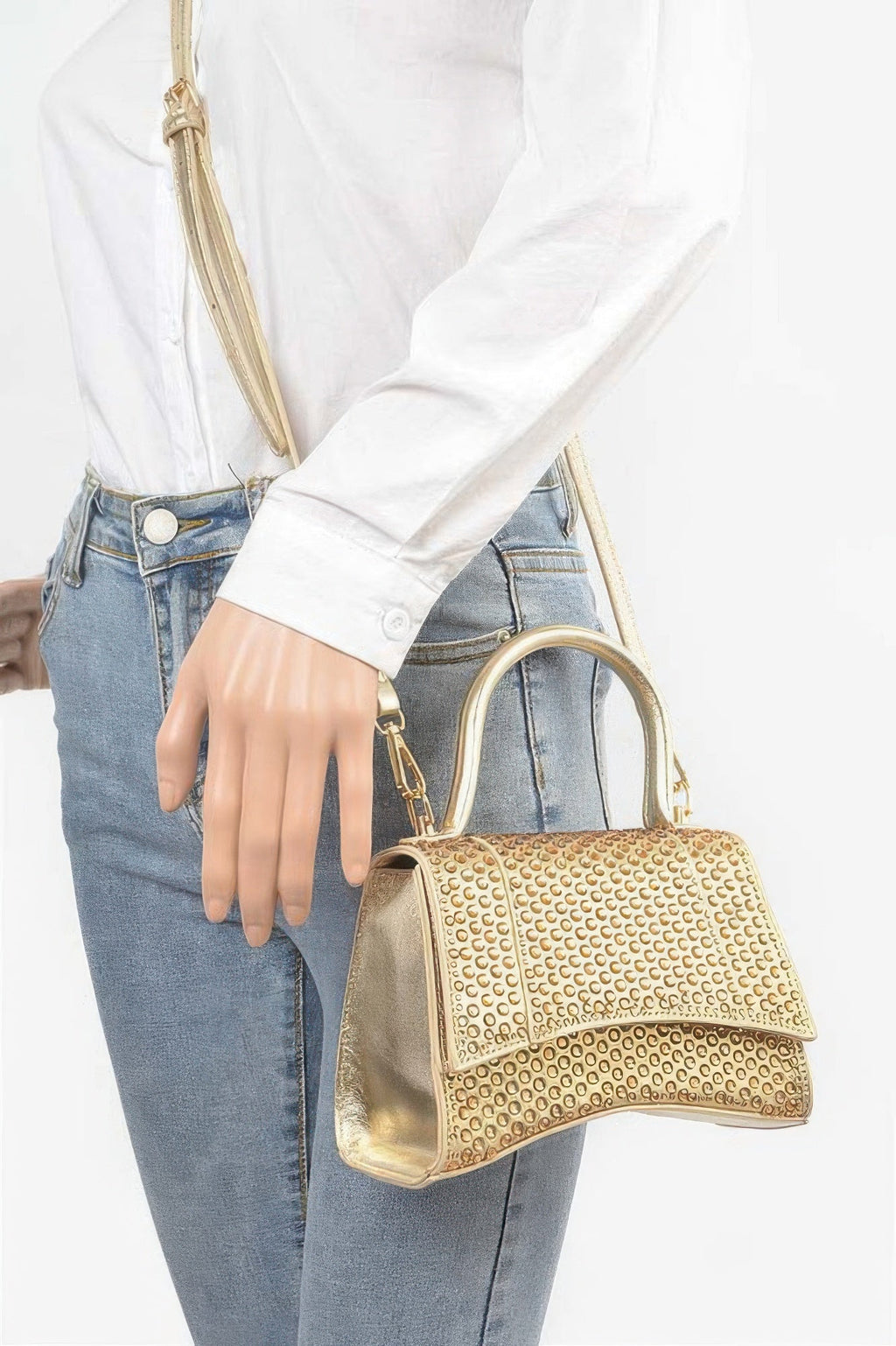 Sac à rabat avec poignée supérieure, orné de strass métalliques thermocollants