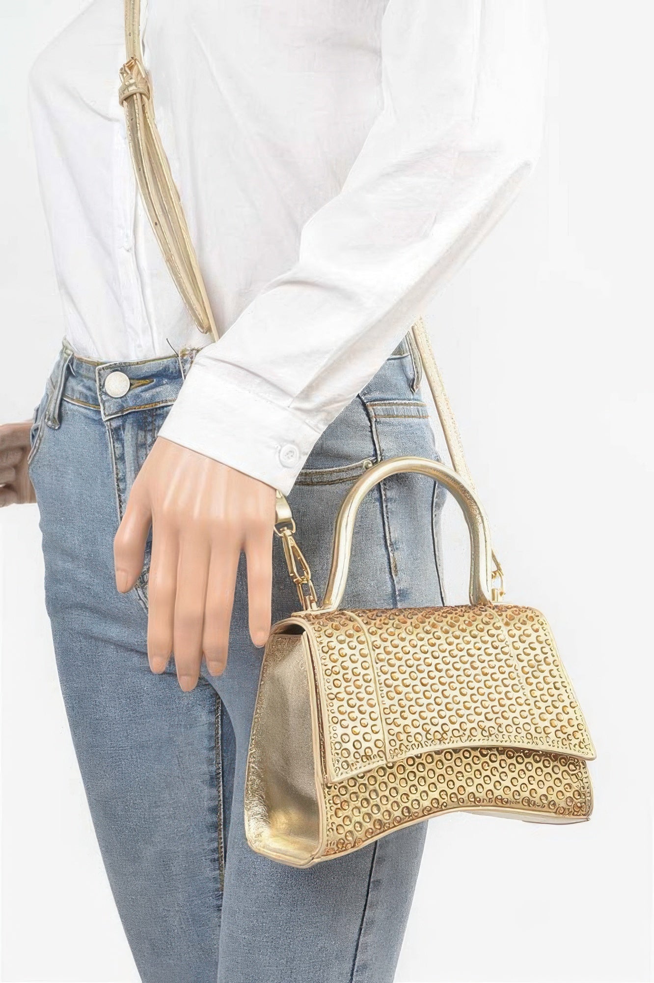 Sac à rabat avec poignée supérieure, orné de strass métalliques thermocollants