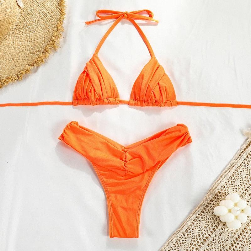 Micro Bikini Plissé Maillot de Bain Femme Ensemble Bikini Halter Maillot de Bain Triangle Femme Tenue de Plage Maillot de Bain Deux Pièces Bikini Bretelles Doubles Mignon Maillot de Bain Triangle Maillot de Bain