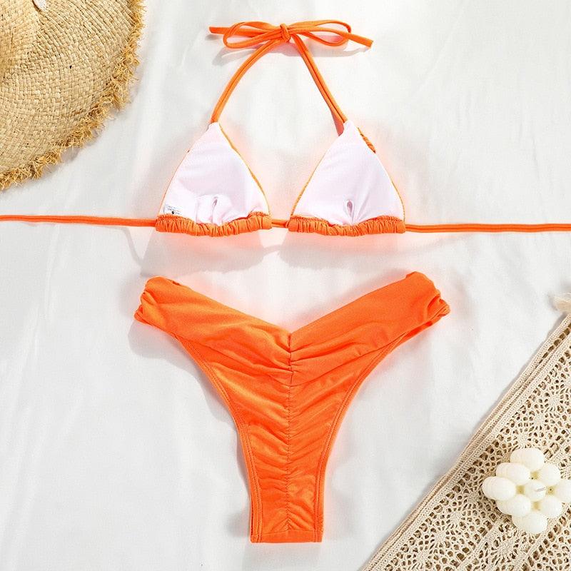 Micro Bikini Plissé Maillot de Bain Femme Ensemble Bikini Halter Maillot de Bain Triangle Femme Tenue de Plage Maillot de Bain Deux Pièces Bikini Bretelles Doubles Mignon Maillot de Bain Triangle Maillot de Bain