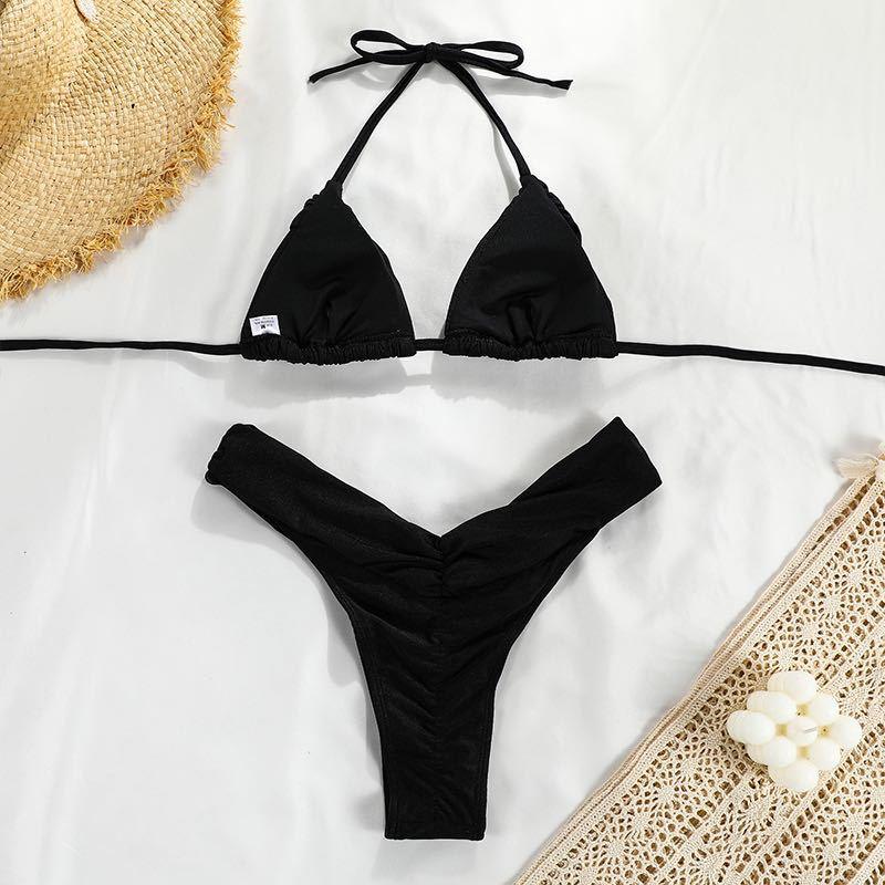 Micro Bikini Plissé Maillot de Bain Femme Ensemble Bikini Halter Maillot de Bain Triangle Femme Tenue de Plage Maillot de Bain Deux Pièces Bikini Bretelles Doubles Mignon Maillot de Bain Triangle Maillot de Bain