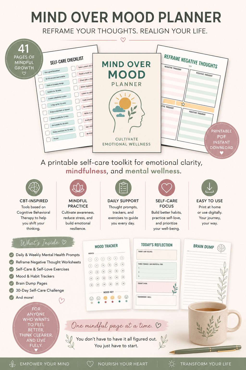 Mind Over Mood Planner – 41-Page CBT-Based Mental Wellness Workbook (Printable PDF)
