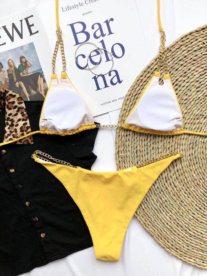 Mini Bikini Maillot de Bain Tie Dye Femme Chaîne Métal Patchwork Maillot de Bain Triangle Bikinis Maillot de Bain Femme Paillettes Brillantes Maillot de Bain Bikini à Paillettes Soutien-gorge à Cordes Brillant Maillot de Bain Tenue de Plage