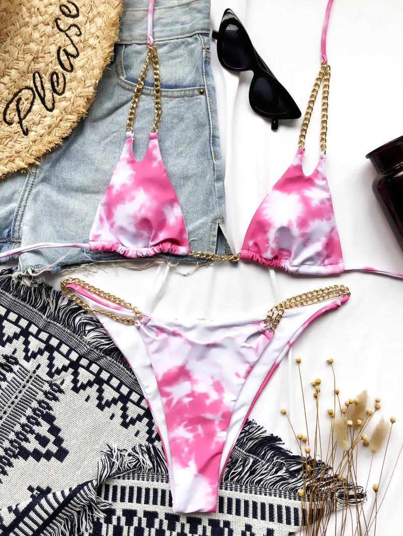 Mini Bikini Maillot de Bain Tie Dye Femme Chaîne Métal Patchwork Maillot de Bain Triangle Bikinis Maillot de Bain Femme Paillettes Brillantes Maillot de Bain Bikini à Paillettes Soutien-gorge à Cordes Brillant Maillot de Bain Tenue de Plage