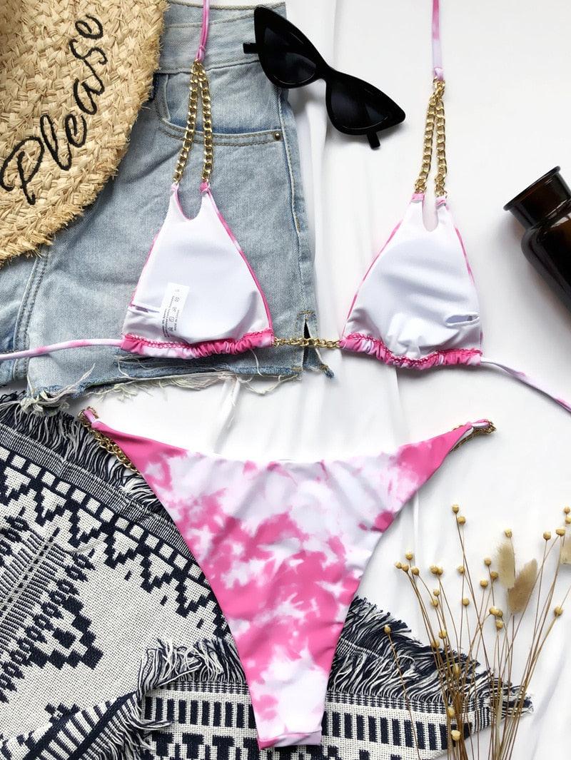 Mini Bikini Maillot de Bain Tie Dye Femme Chaîne Métal Patchwork Maillot de Bain Triangle Bikinis Maillot de Bain Femme Paillettes Brillantes Maillot de Bain Bikini à Paillettes Soutien-gorge à Cordes Brillant Maillot de Bain Tenue de Plage