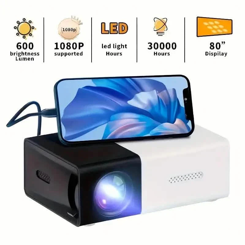 Mini projecteur de films portable haute définition lumineux 3000+ lumens, source de lumière LED HD avec USB