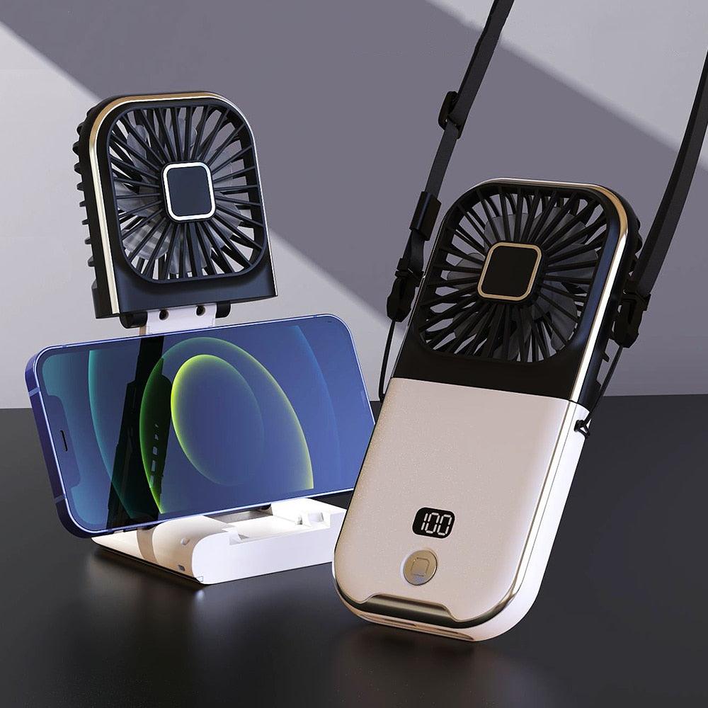 Mini Ventilateur Portable d'Extérieur, Ventilateur de Cou Suspendu, Rechargeable USB, Alimenté par Batterie 3000 mAh, Ventilateur de Table Sans Fil Pliable à 180°, 4 Vitesses Réglables, Ventilateur de Poche Portable pour Bureau, Extérieur, Voyage