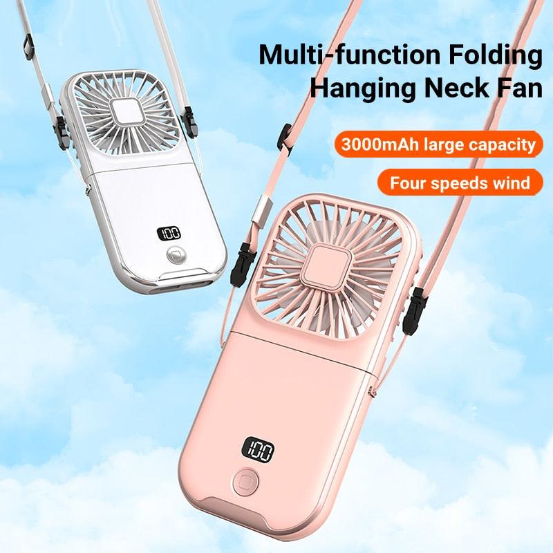 Mini Ventilateur Portable d'Extérieur, Ventilateur de Cou Suspendu, Rechargeable USB, Alimenté par Batterie 3000 mAh, Ventilateur de Table Sans Fil Pliable à 180°, 4 Vitesses Réglables, Ventilateur de Poche Portable pour Bureau, Extérieur, Voyage