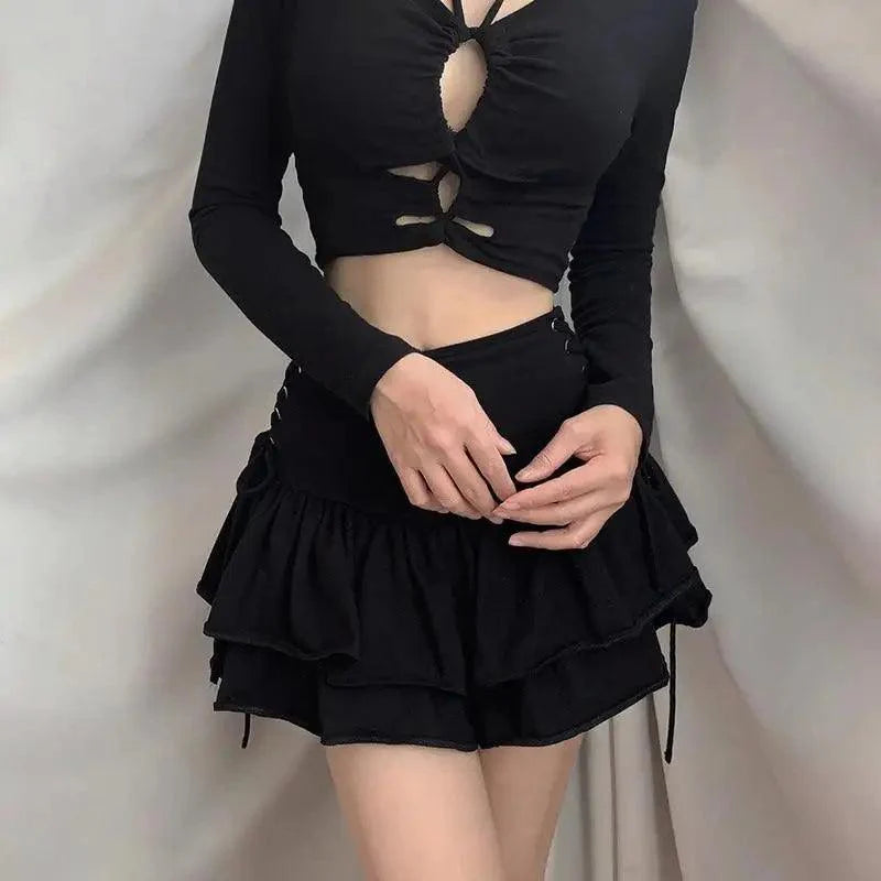 Mini-jupe Filles Douce Noire Taille Haute Plissée Jupe Mignonne Sombre Légère Jupes Design Simple