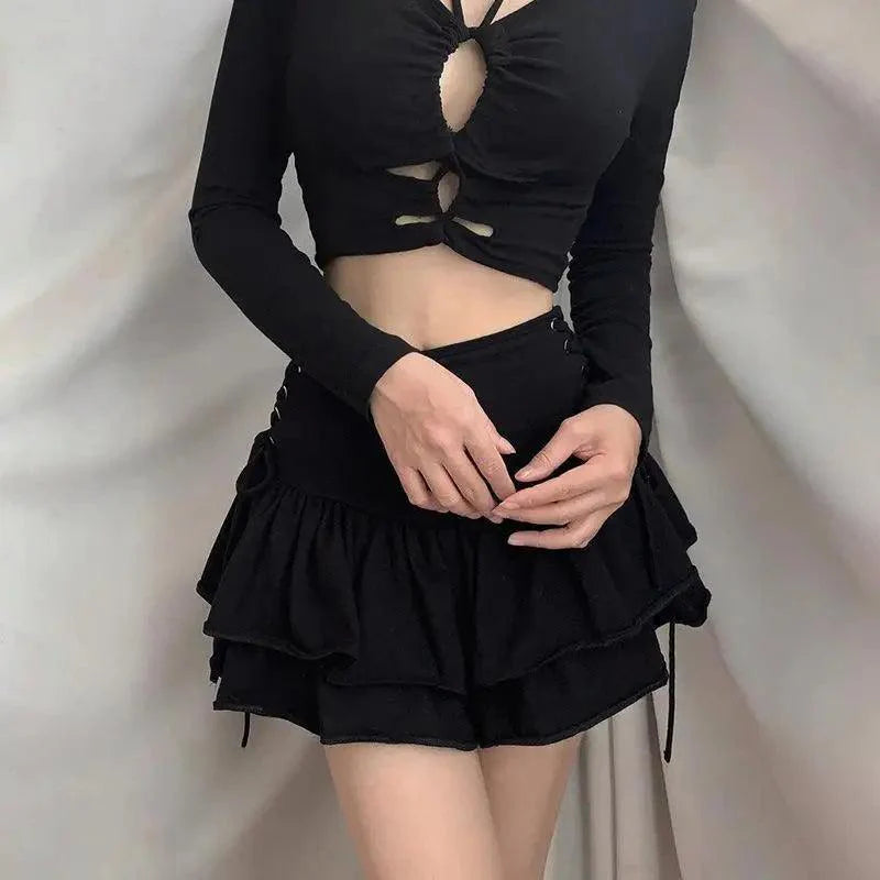 Mini-jupe Filles Douce Noire Taille Haute Plissée Jupe Mignonne Sombre Légère Jupes Design Simple