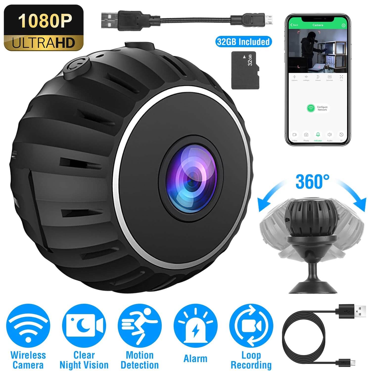 Mini caméra sans fil Wifi IR Vision nocturne HD 1080P Sécurité domestique