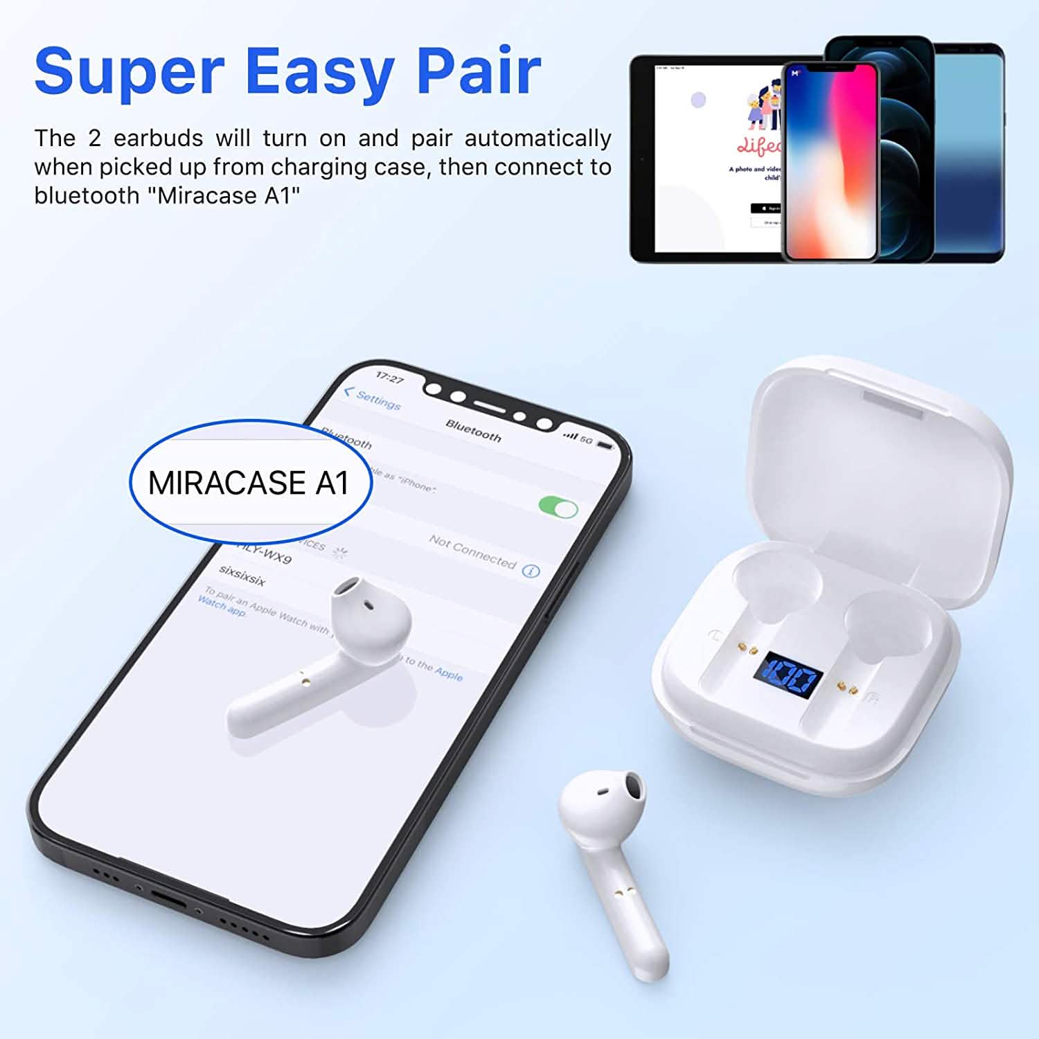 Écouteurs sans fil Miracase Bluetooth 5.0 avec étui de chargement USB-C