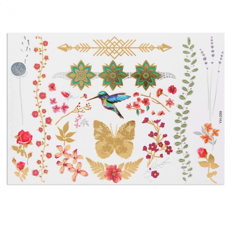 Autocollant de Tatouages Métalliques Colorés Mixtes Flash pour Femme Tatouage Jetable Temporaire Imperméable Doré Argenté