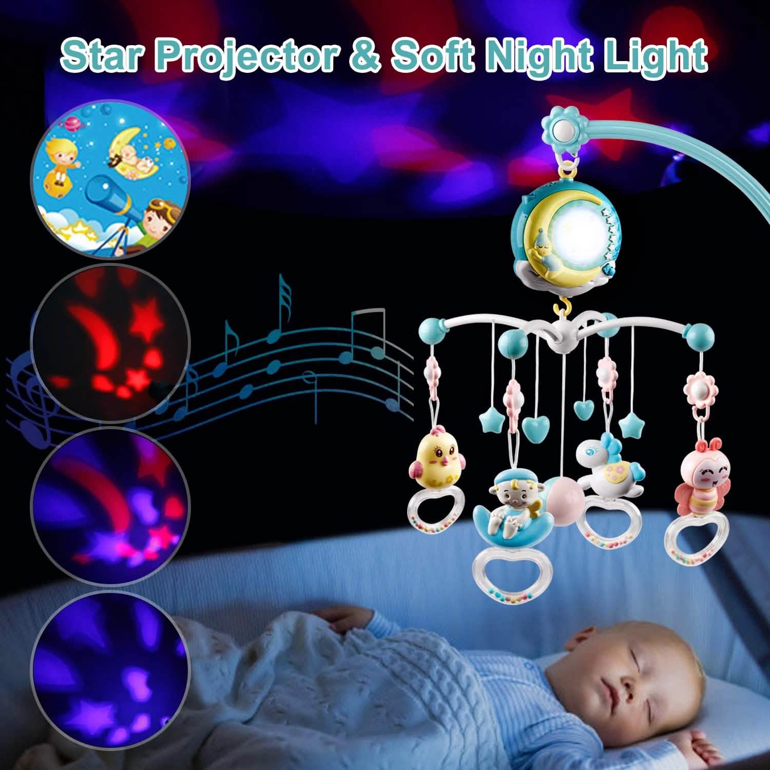 Projecteur étoile mobile Veilleuse de nuit pour bébé avec boîte à musique et télécommande