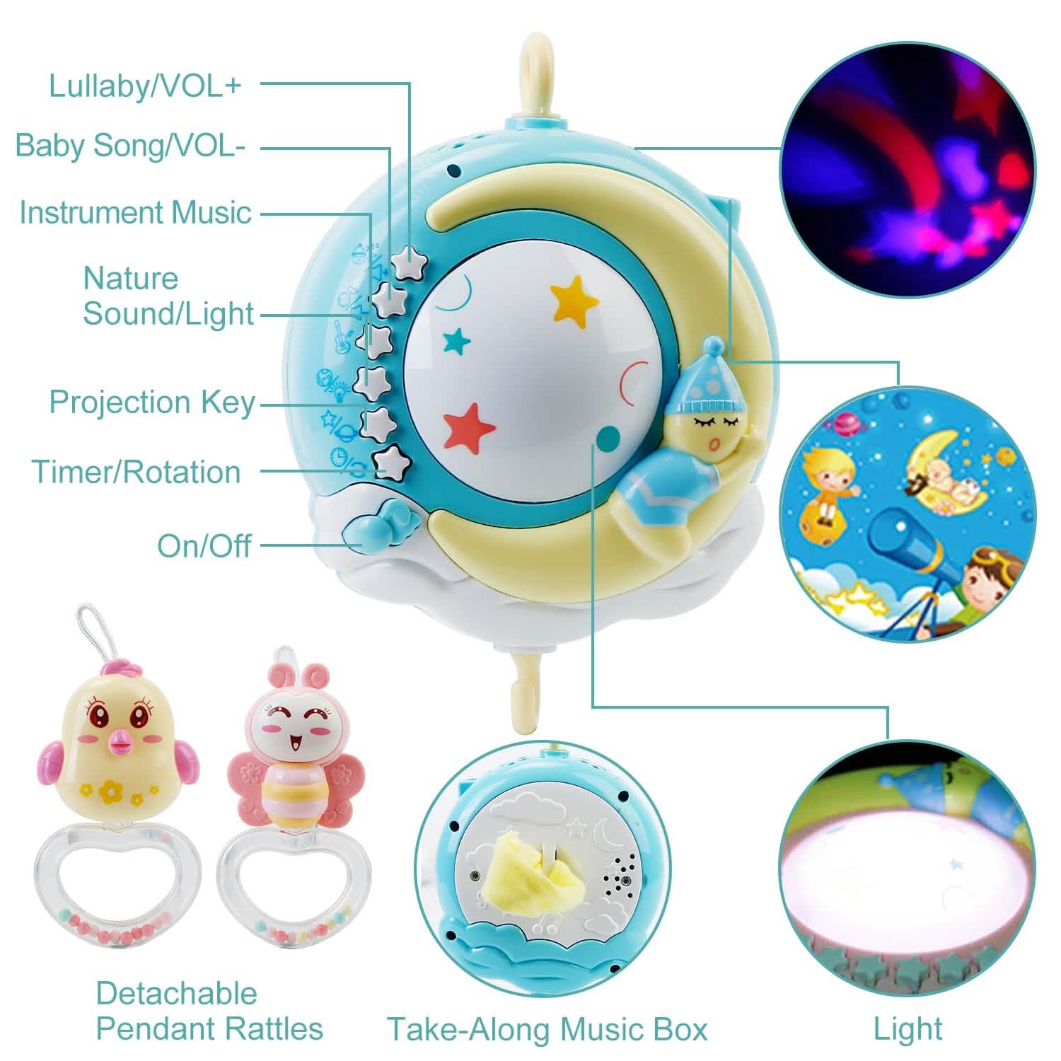 Projecteur étoile mobile Veilleuse de nuit pour bébé avec boîte à musique et télécommande