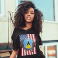 T-shirt Drapeau Sainte-Lucie + États-Unis | Drapeaux Saint-Lucien + Américain Rip 4 juillet | T-shirts Latino Drôles | 4 Couleurs