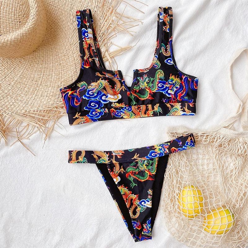 Maillot de bain bikini taille haute bleu moderne push-up femme ensemble bikini imprimé dragon maillot de bain rétro femme maillots de bain bikini taille haute push-up torsadé deux pièces maillots de bain gainants