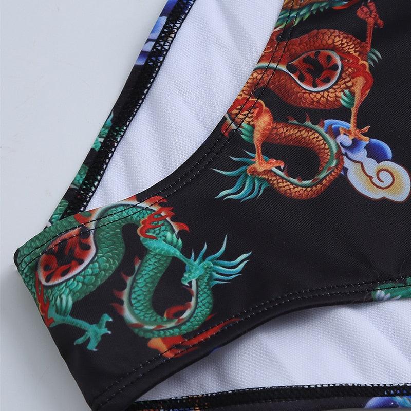 Maillot de bain bikini taille haute bleu moderne push-up femme ensemble bikini imprimé dragon maillot de bain rétro femme maillots de bain bikini taille haute push-up torsadé deux pièces maillots de bain gainants