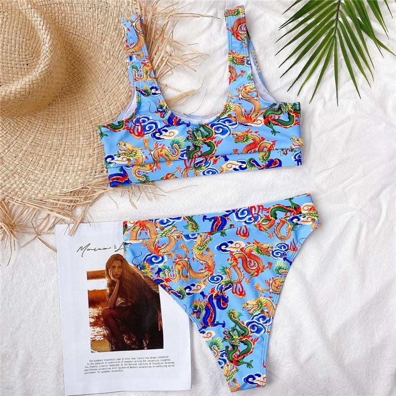 Maillot de bain bikini taille haute bleu moderne push-up femme ensemble bikini imprimé dragon maillot de bain rétro femme maillots de bain bikini taille haute push-up torsadé deux pièces maillots de bain gainants