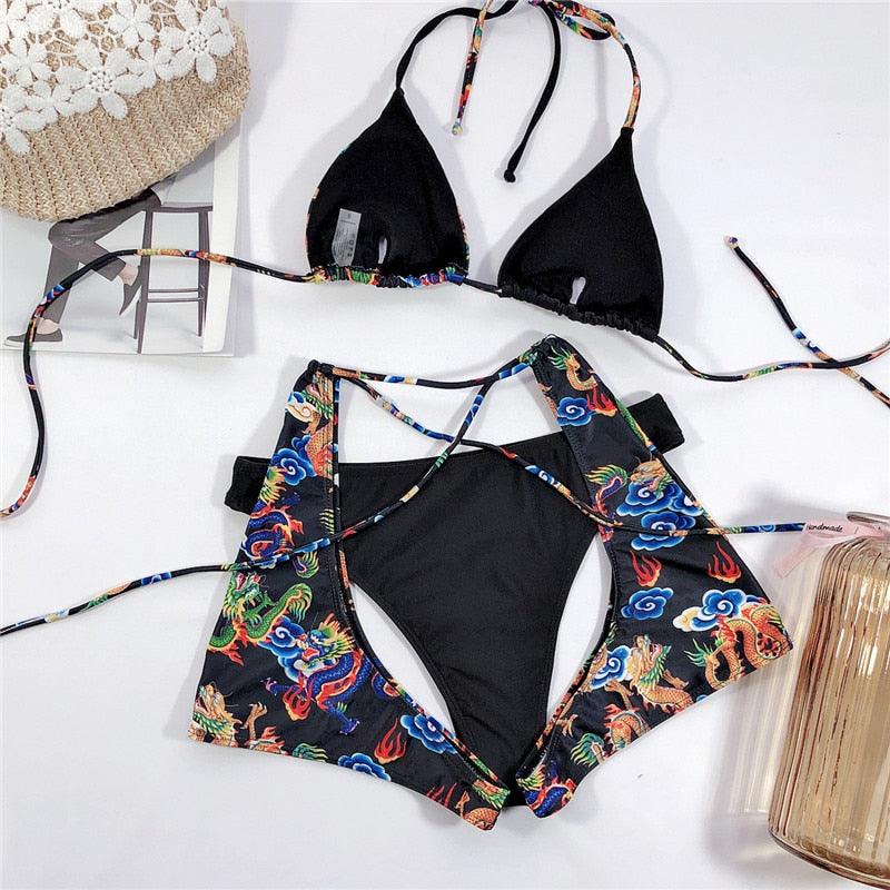 Maillot de bain bikini taille haute bleu moderne push-up femme ensemble bikini imprimé dragon maillot de bain rétro femme maillots de bain bikini taille haute push-up torsadé deux pièces maillots de bain gainants
