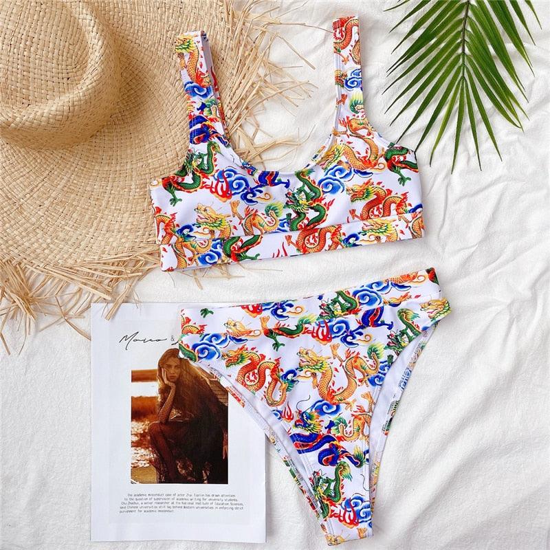 Maillot de bain bikini taille haute bleu moderne push-up femme ensemble bikini imprimé dragon maillot de bain rétro femme maillots de bain bikini taille haute push-up torsadé deux pièces maillots de bain gainants
