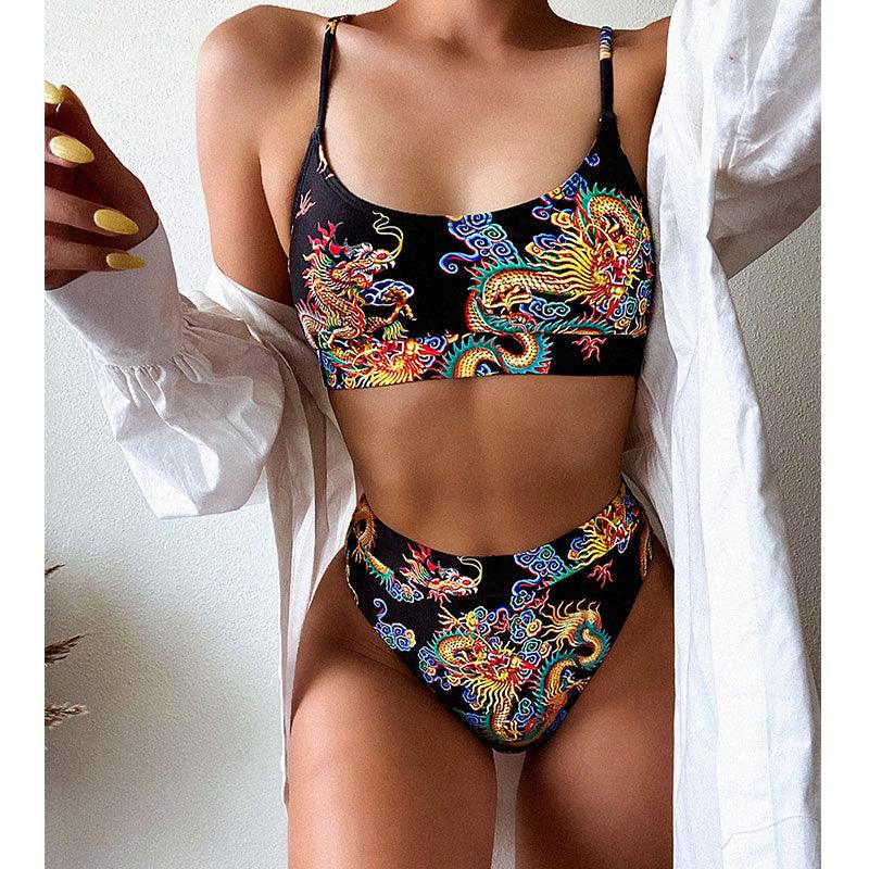 Maillot de bain bikini taille haute bleu moderne push-up femme ensemble bikini imprimé dragon maillot de bain rétro femme maillots de bain bikini taille haute push-up torsadé deux pièces maillots de bain gainants