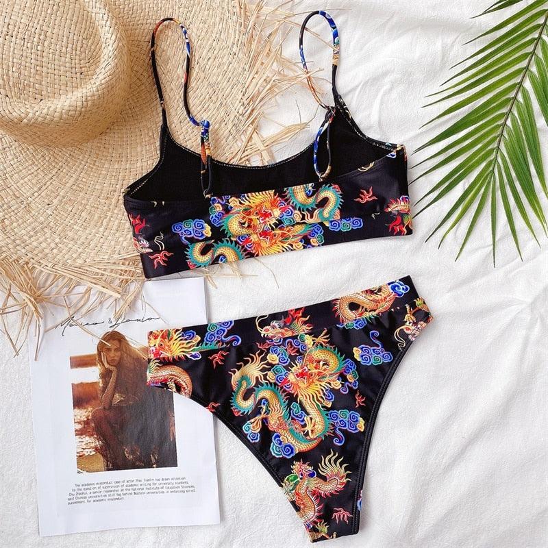 Maillot de bain bikini taille haute bleu moderne push-up femme ensemble bikini imprimé dragon maillot de bain rétro femme maillots de bain bikini taille haute push-up torsadé deux pièces maillots de bain gainants