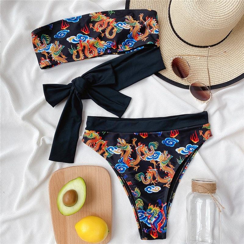 Maillot de bain bikini taille haute bleu moderne push-up femme ensemble bikini imprimé dragon maillot de bain rétro femme maillots de bain bikini taille haute push-up torsadé deux pièces maillots de bain gainants