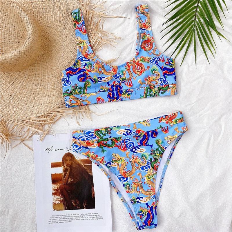Maillot de bain bikini taille haute bleu moderne push-up femme ensemble bikini imprimé dragon maillot de bain rétro femme maillots de bain bikini taille haute push-up torsadé deux pièces maillots de bain gainants