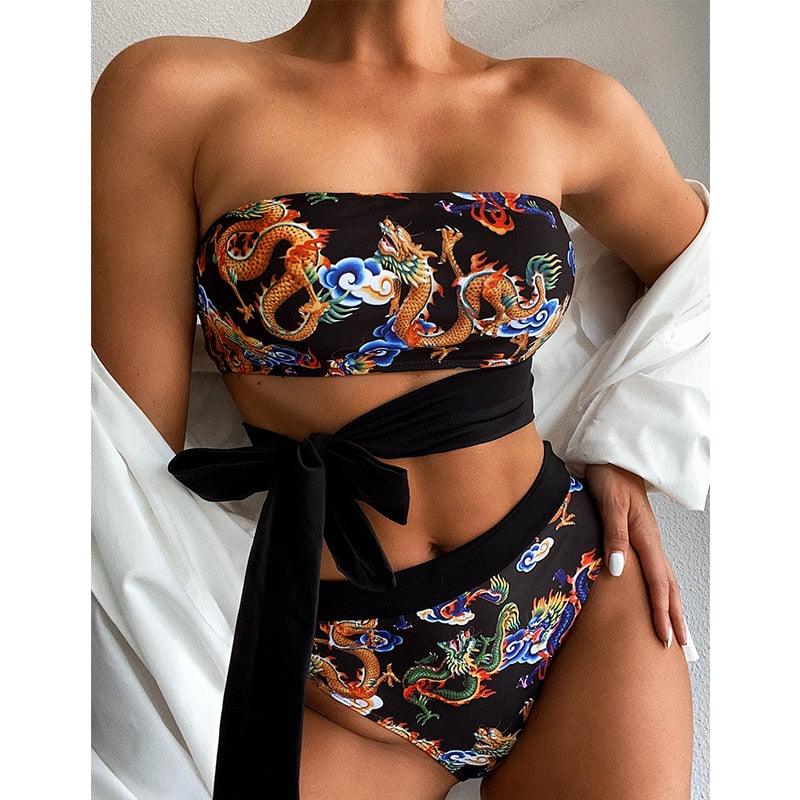 Maillot de bain bikini taille haute bleu moderne push-up femme ensemble bikini imprimé dragon maillot de bain rétro femme maillots de bain bikini taille haute push-up torsadé deux pièces maillots de bain gainants