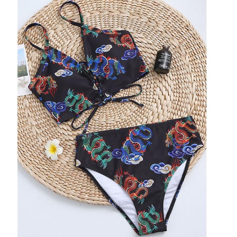 Maillot de bain bikini taille haute bleu moderne push-up femme ensemble bikini imprimé dragon maillot de bain rétro femme maillots de bain bikini taille haute push-up torsadé deux pièces maillots de bain gainants