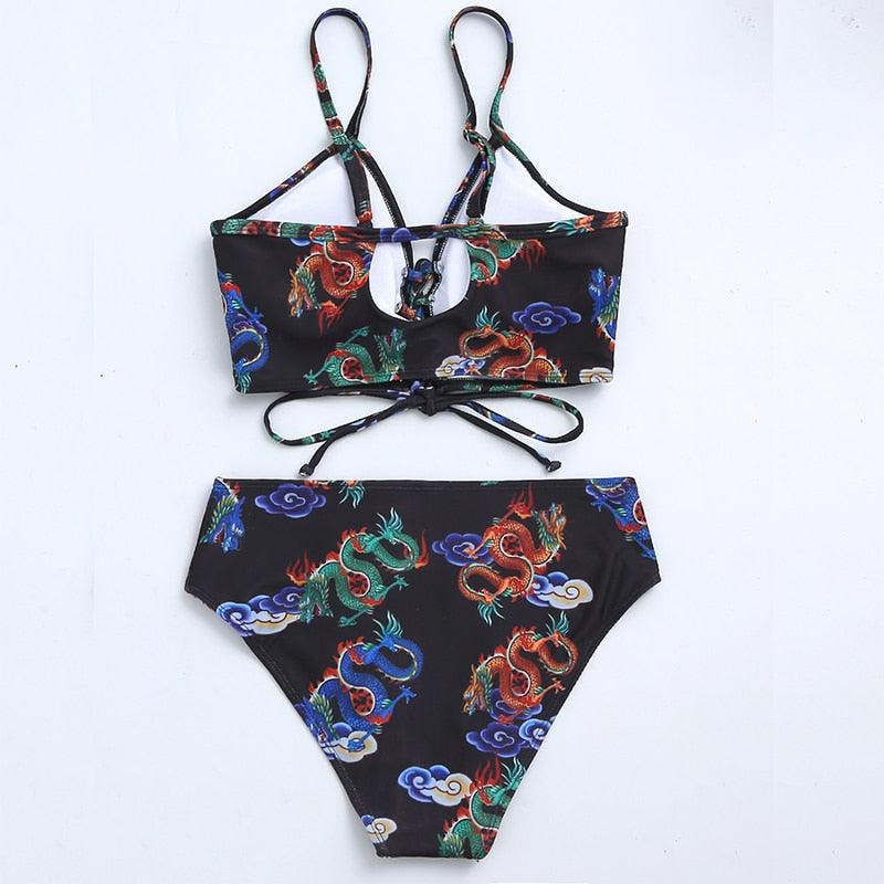 Maillot de bain bikini taille haute bleu moderne push-up femme ensemble bikini imprimé dragon maillot de bain rétro femme maillots de bain bikini taille haute push-up torsadé deux pièces maillots de bain gainants
