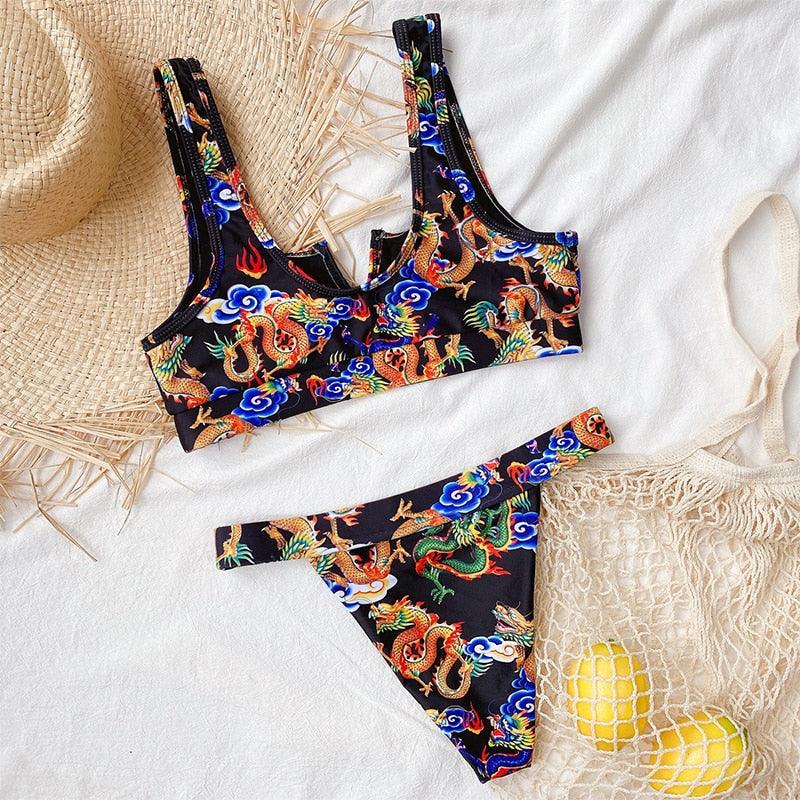 Maillot de bain bikini taille haute bleu moderne push-up femme ensemble bikini imprimé dragon maillot de bain rétro femme maillots de bain bikini taille haute push-up torsadé deux pièces maillots de bain gainants