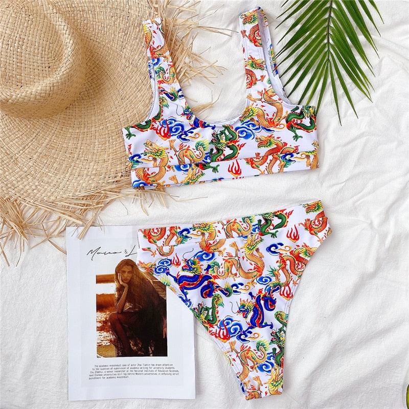Maillot de bain bikini taille haute bleu moderne push-up femme ensemble bikini imprimé dragon maillot de bain rétro femme maillots de bain bikini taille haute push-up torsadé deux pièces maillots de bain gainants