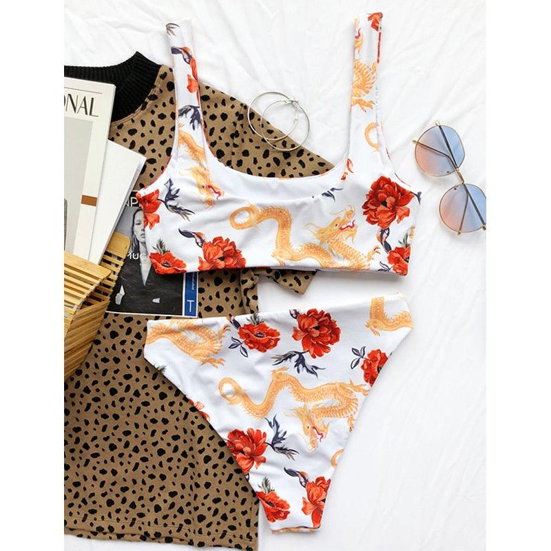 Maillot de bain bikini taille haute bleu moderne push-up femme ensemble bikini imprimé dragon maillot de bain rétro femme maillots de bain bikini taille haute push-up torsadé deux pièces maillots de bain gainants