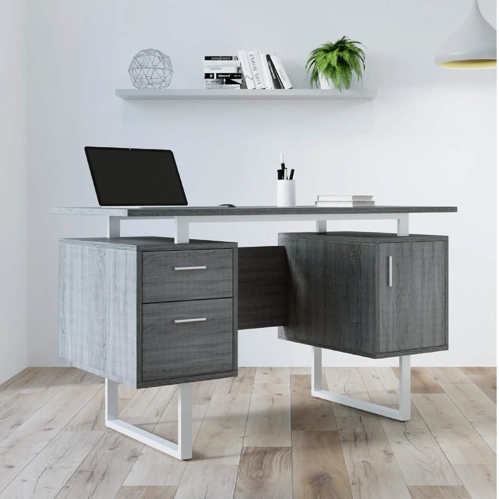 Bureau d'ordinateur gris moderne avec rangement