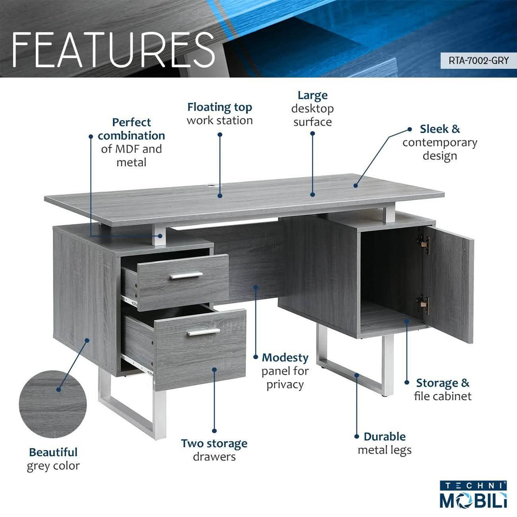 Bureau d'ordinateur gris moderne avec rangement