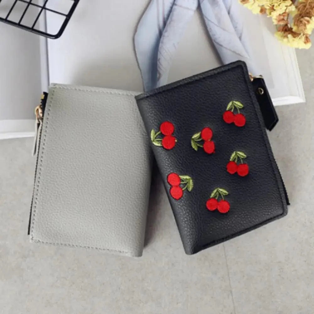 Mini portefeuille moderne et léger en cuir synthétique cerise pour femme - Joli sac minimaliste pour femme