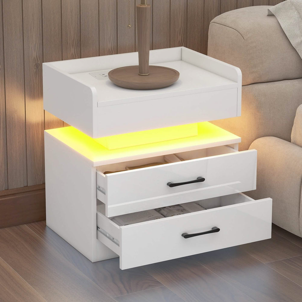Table de nuit moderne avec lumières LED et station de recharge