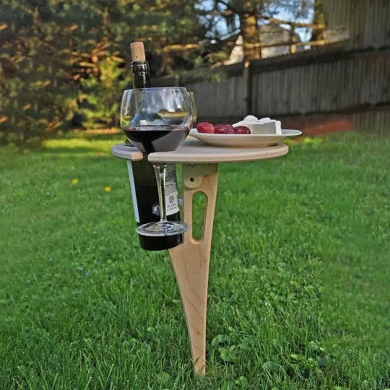 Table à vin portable pliable moderne d'extérieur en bois avec plateau rond, mini support en bois facile à transporter, outils de pique-nique, de fête, de voyage, d'événements, dîners romantiques, célébrations en plein air