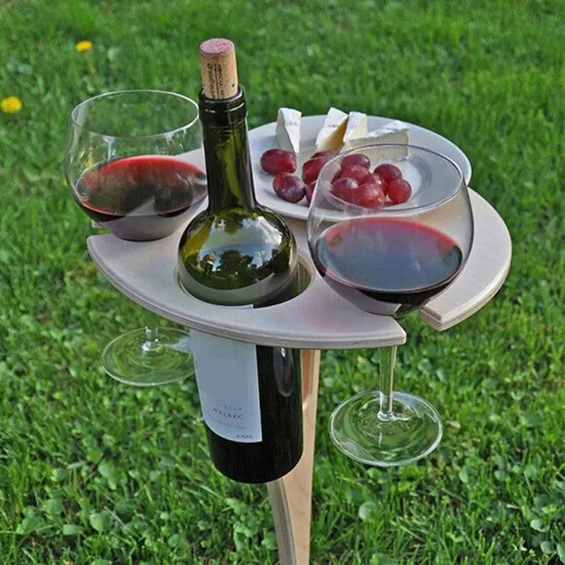 Table à vin portable pliable moderne d'extérieur en bois avec plateau rond, mini support en bois facile à transporter, outils de pique-nique, de fête, de voyage, d'événements, dîners romantiques, célébrations en plein air