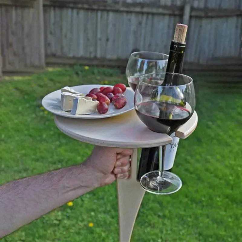 Table à vin portable pliable moderne d'extérieur en bois avec plateau rond, mini support en bois facile à transporter, outils de pique-nique, de fête, de voyage, d'événements, dîners romantiques, célébrations en plein air