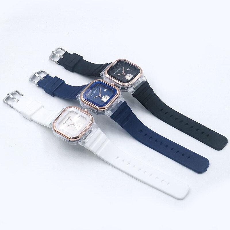 Montre à Quartz Transparente Moderne Montres de Sport pour Enfants Filles Garçons Carré Femmes Sports Électronique Décontracté Montre-Bracelet à Quartz avec Lunette Boîtier Bracelet en Silicone Montre pour Femmes Hommes